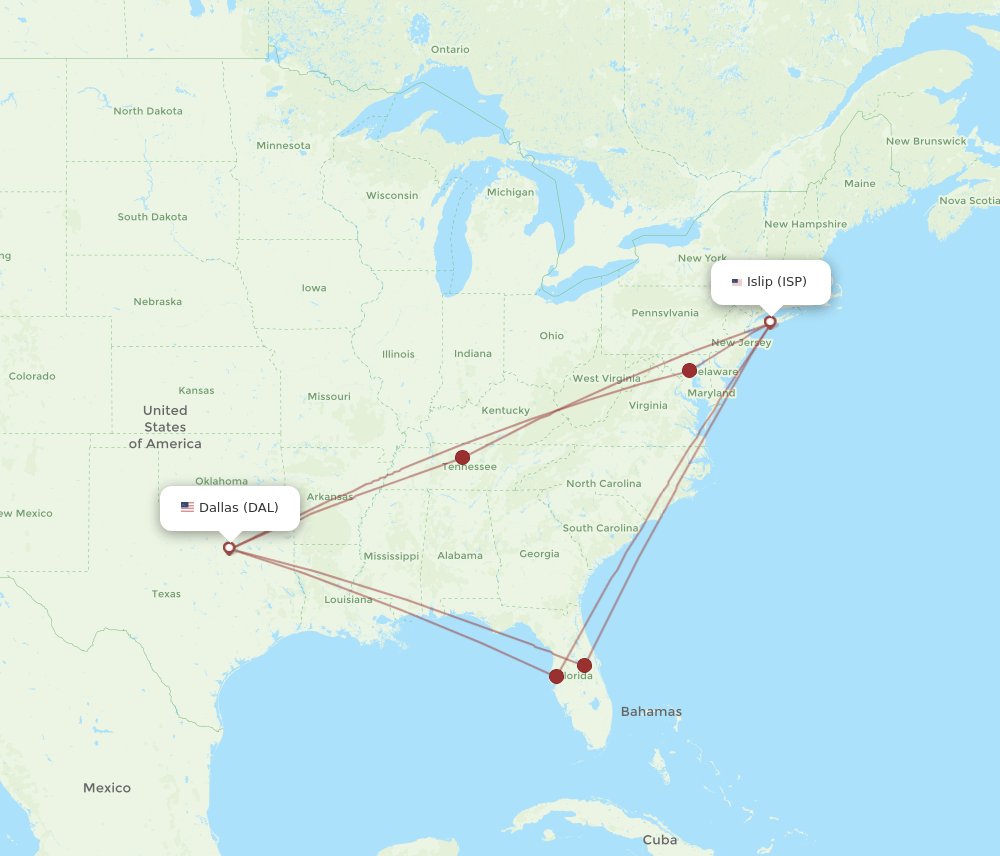 ISP-DAL flight routes