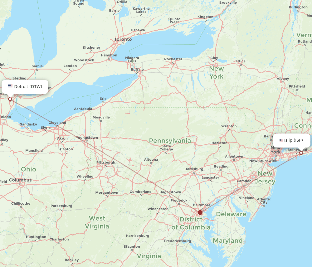 ISP-DTW flight routes