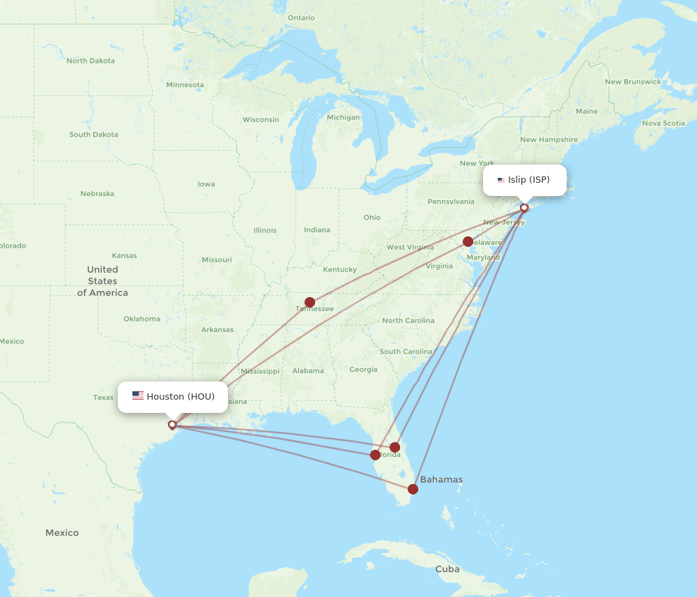 ISP to HOU flights and routes map