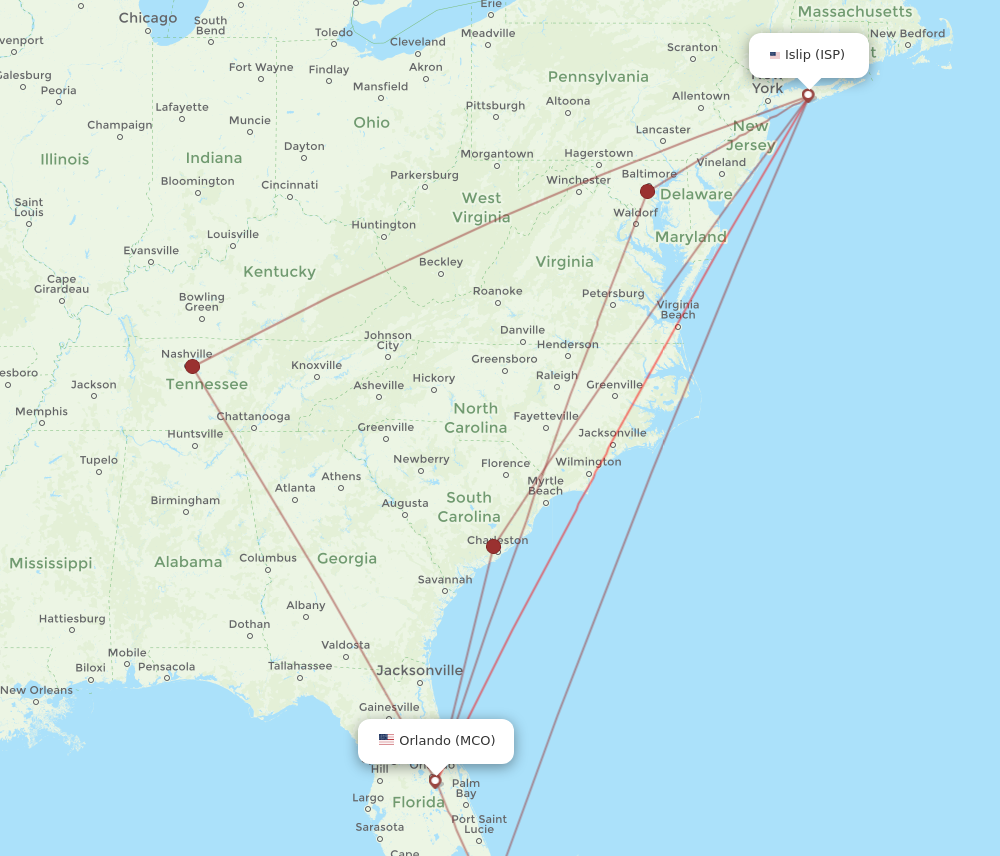 ISP to MCO flights and routes map
