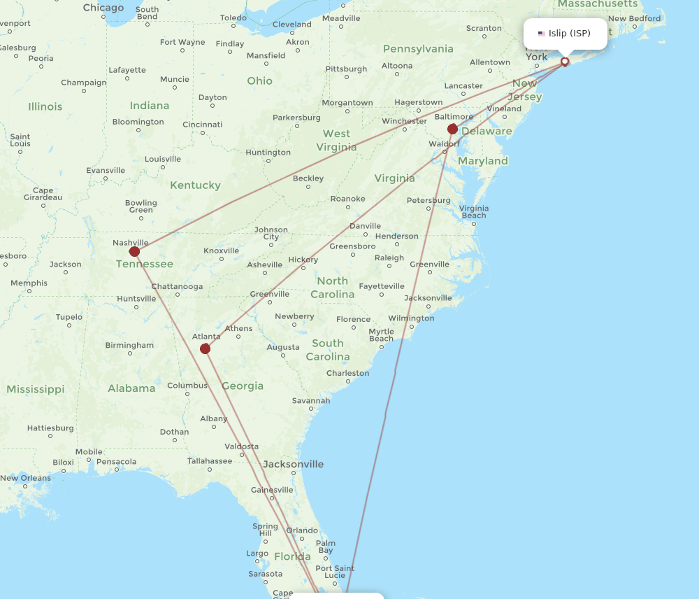 ISP-MIA flight routes