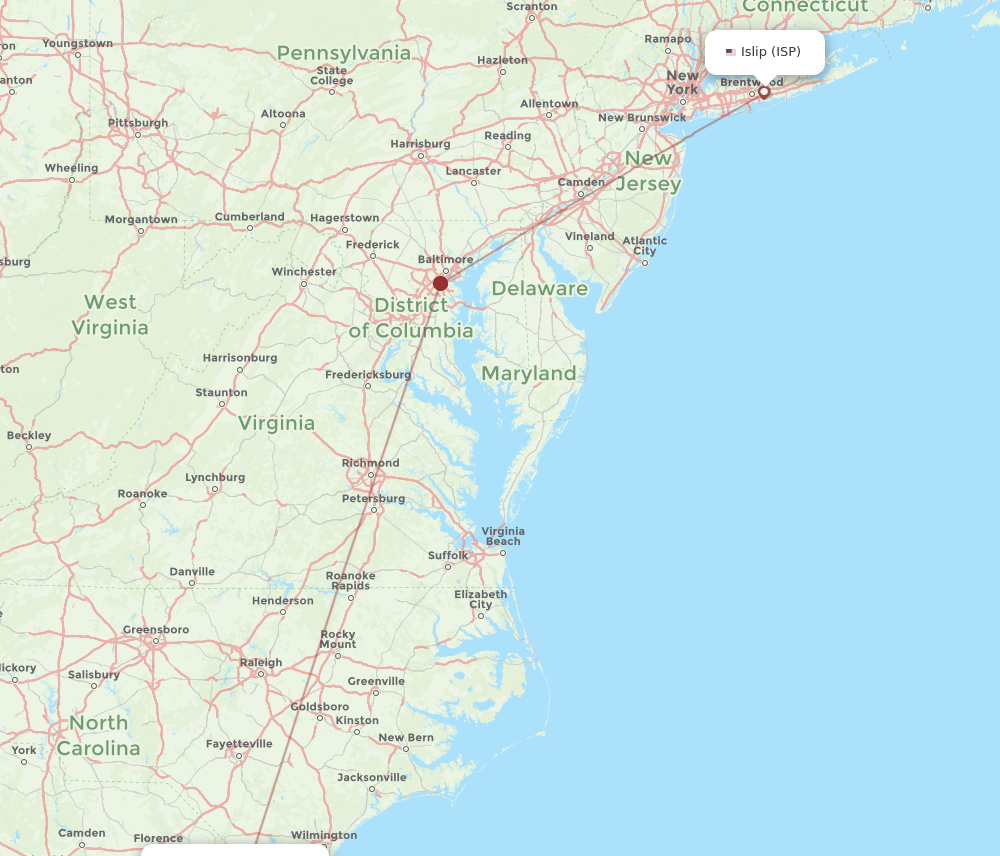 ISP-MYR flight routes
