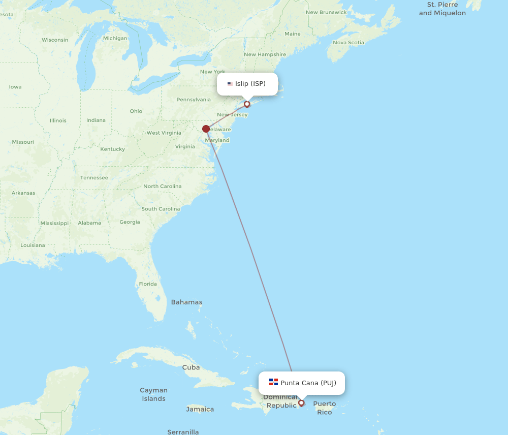ISP-PUJ flight routes