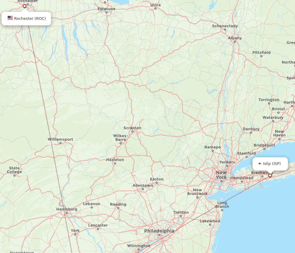 ISP to ROC flights and routes map