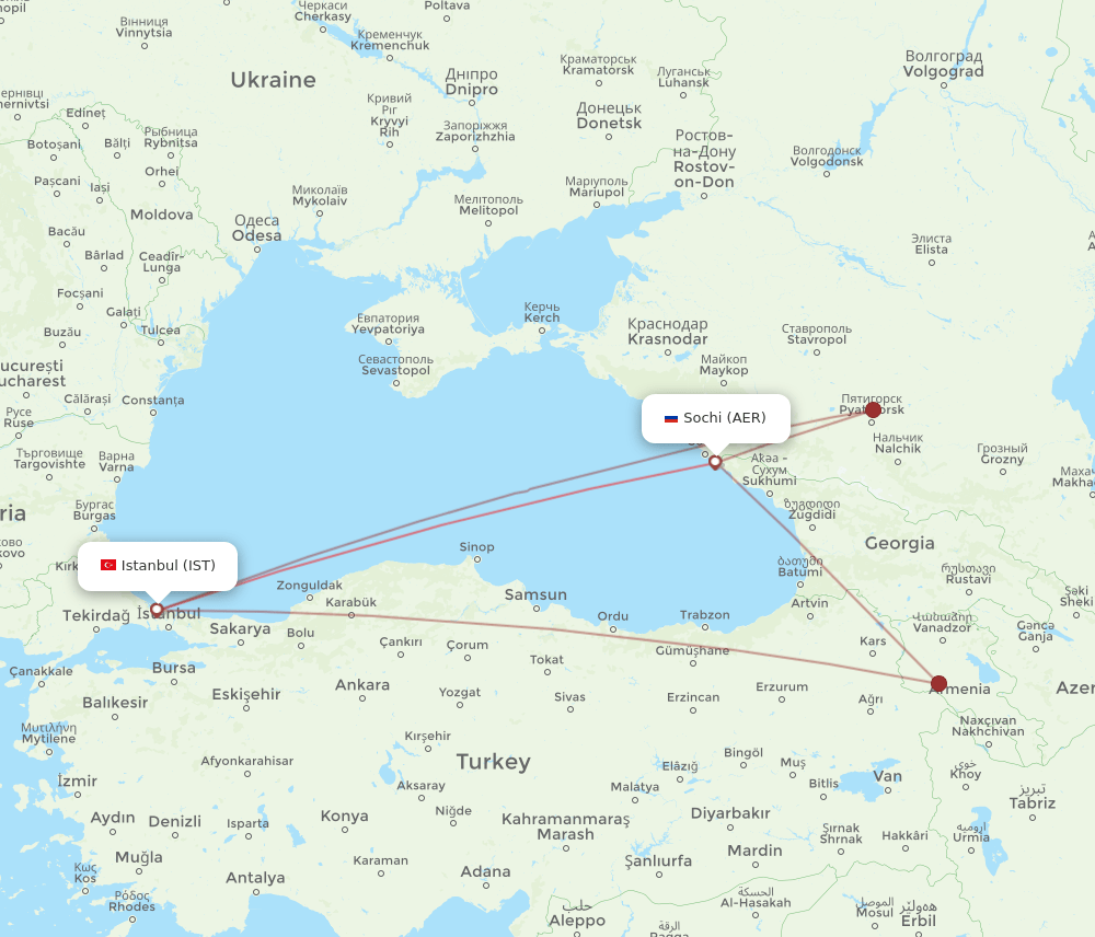 Istanbul - Adler/Sochi route map and flight paths