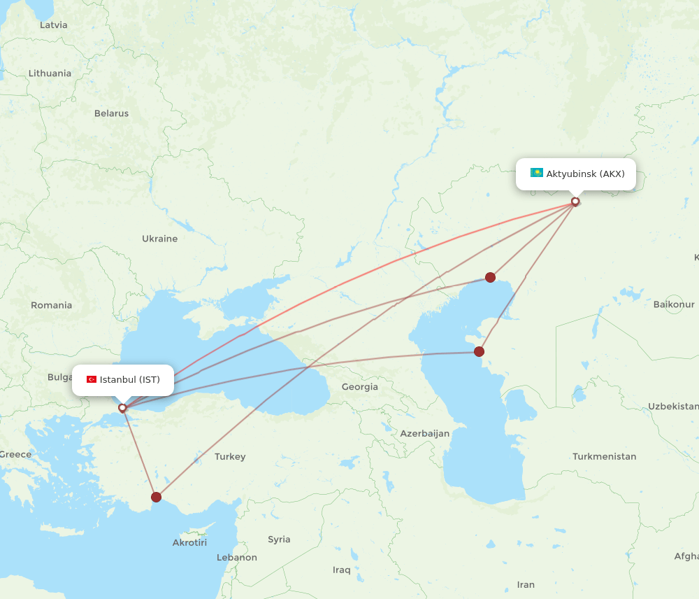 Istanbul - Aktobe route map and flight paths