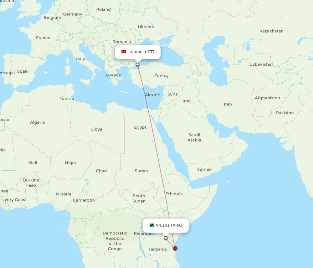 Arusha - Istanbul route map and flight paths
