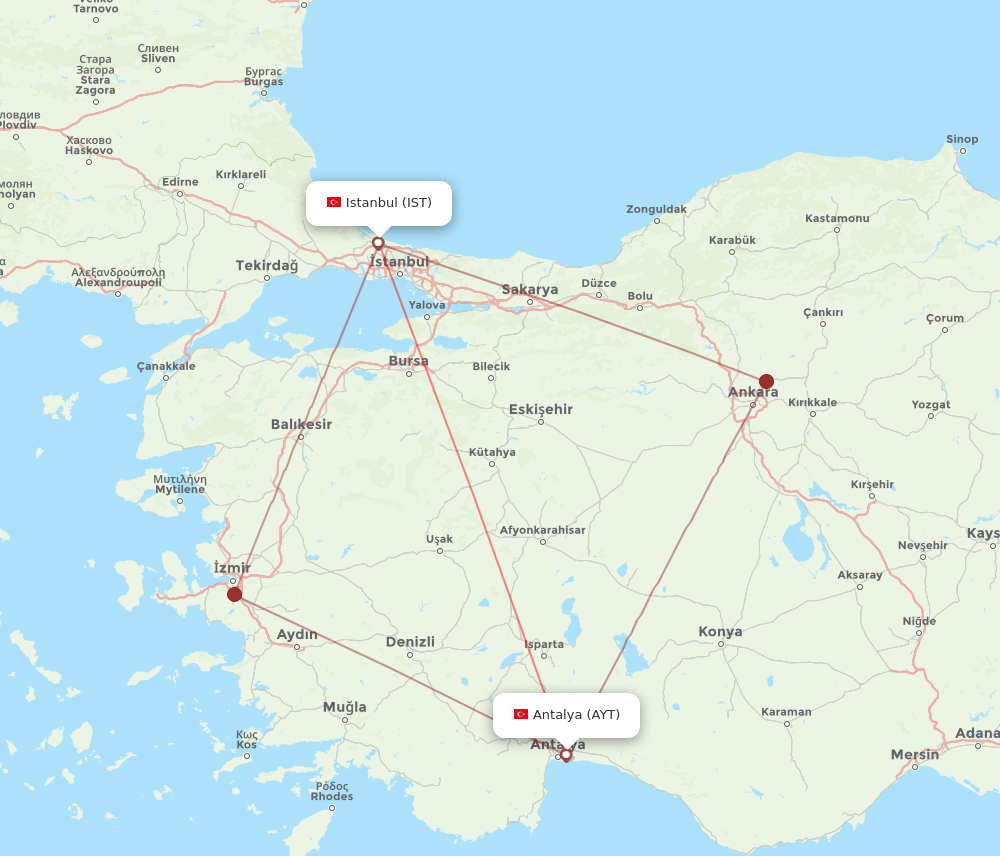 IST to AYT flights and routes map