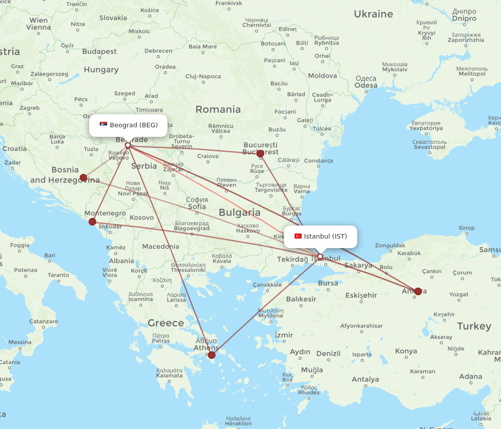 IST to BEG flights and routes map