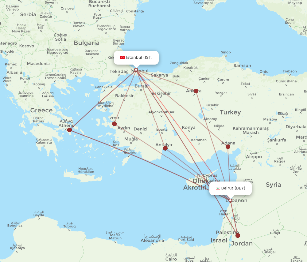 IST to BEY flights and routes map