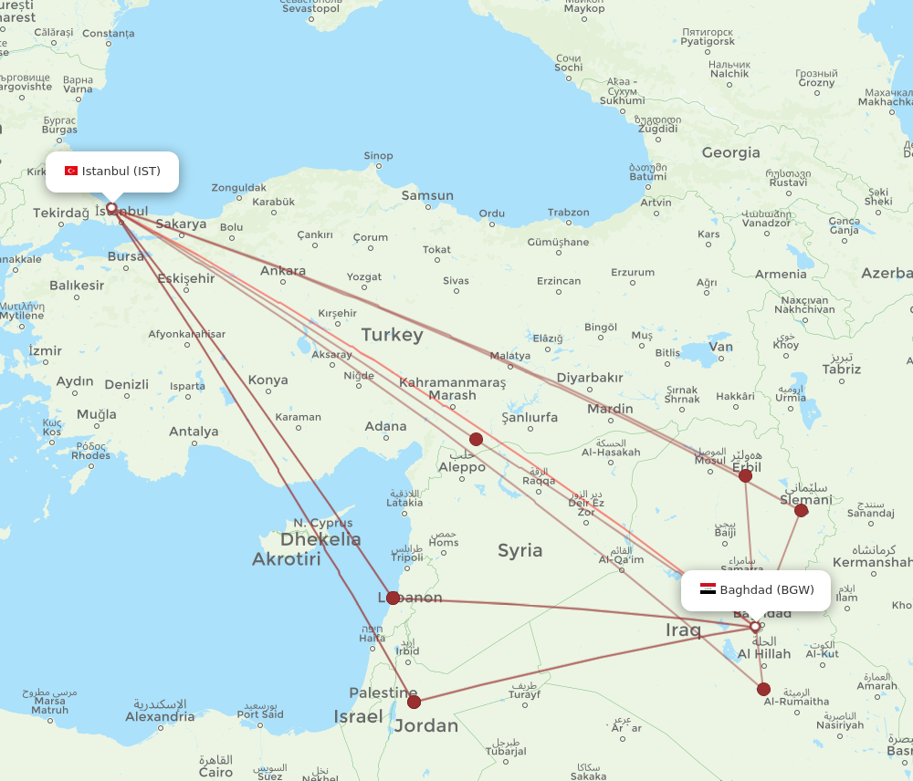 IST to BGW flights and routes map