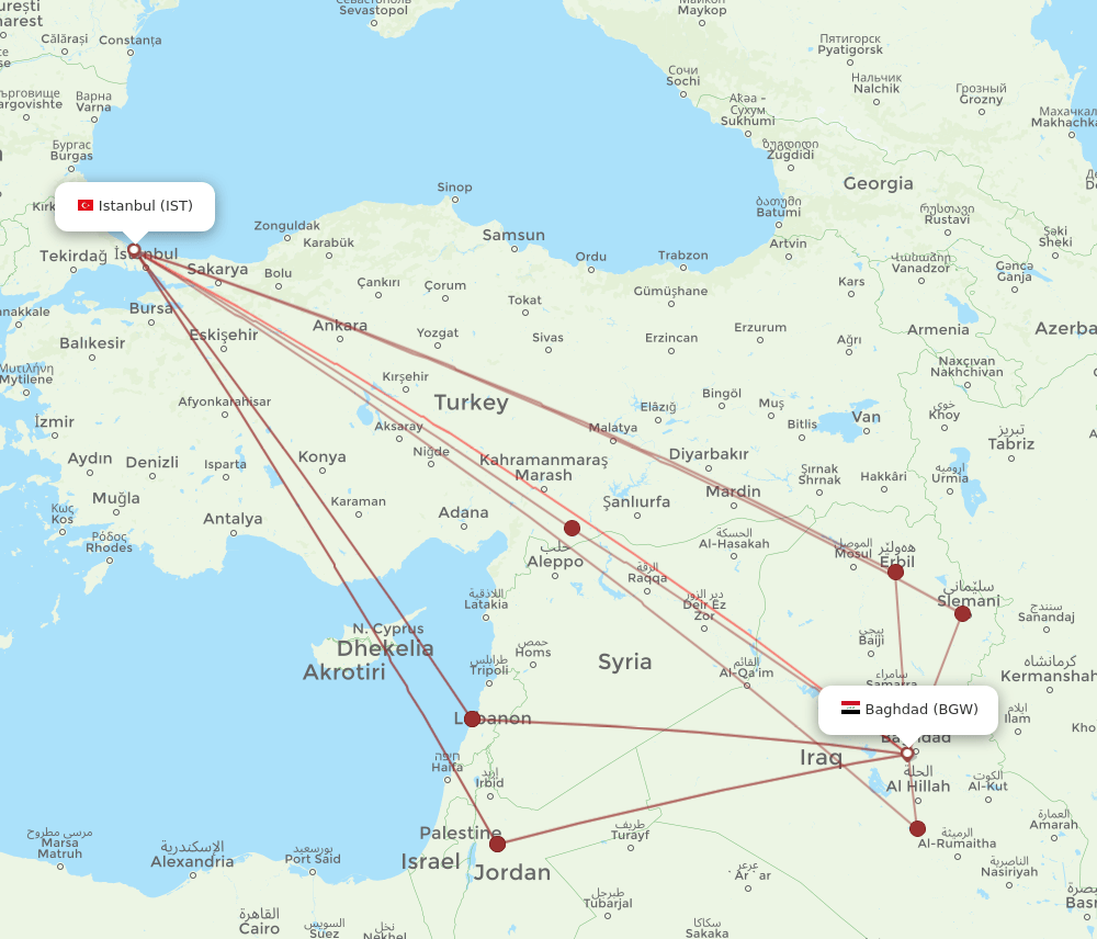 IST to BGW flights and routes map