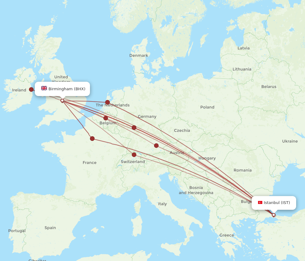 IST to BHX flights and routes map