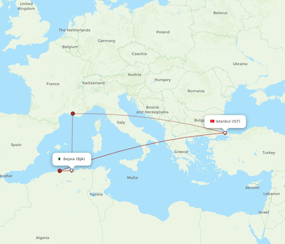 IST to BJA flights and routes map