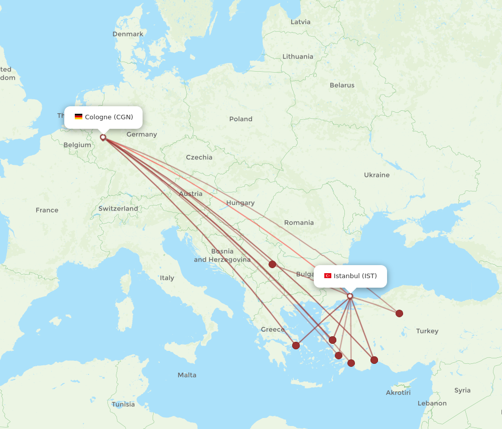 IST to CGN flights and routes map