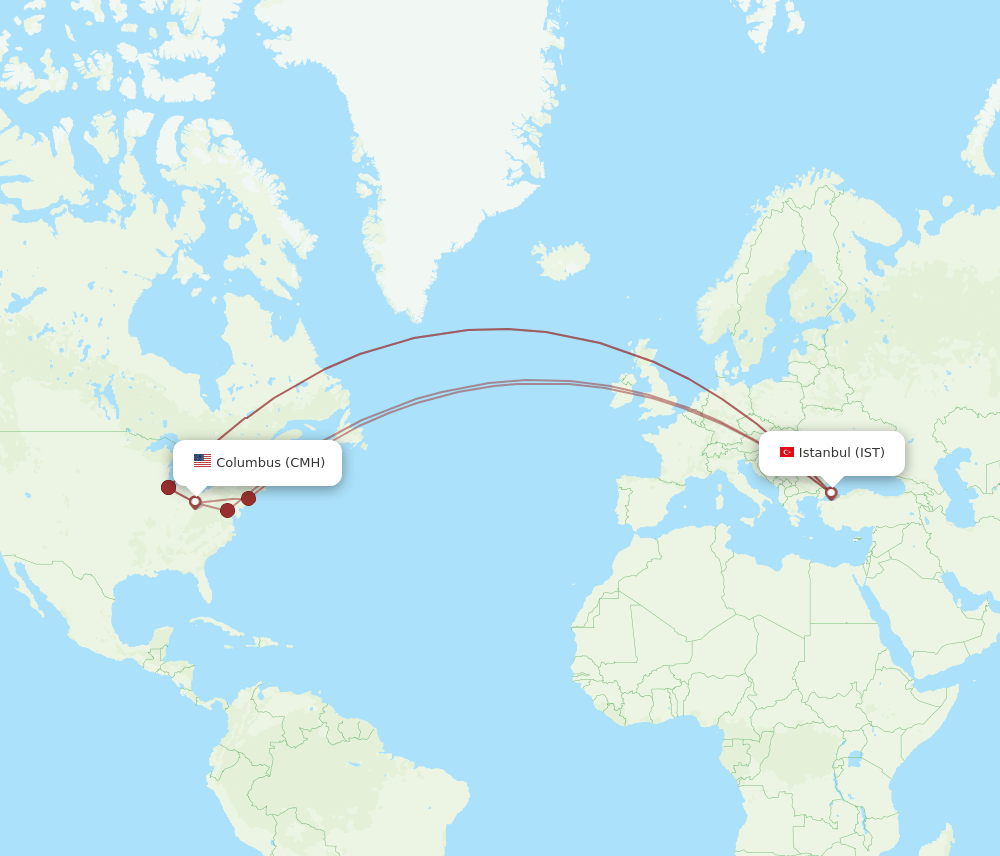 IST to CMH flights and routes map