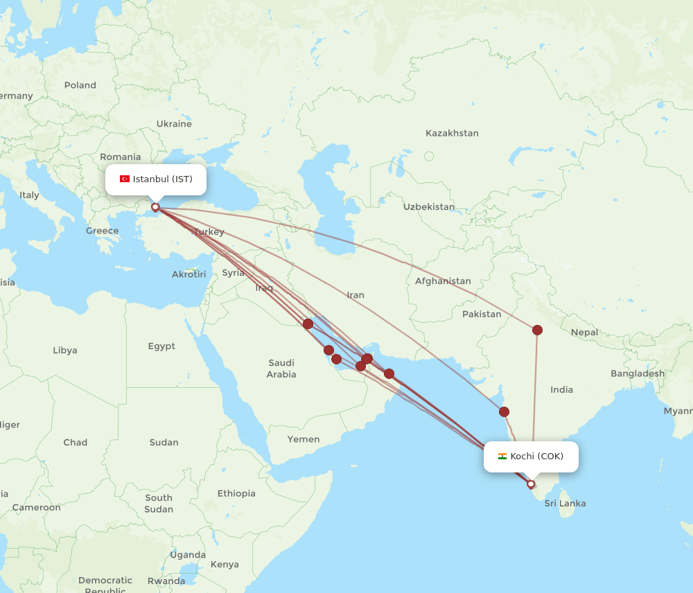 IST-COK flight routes