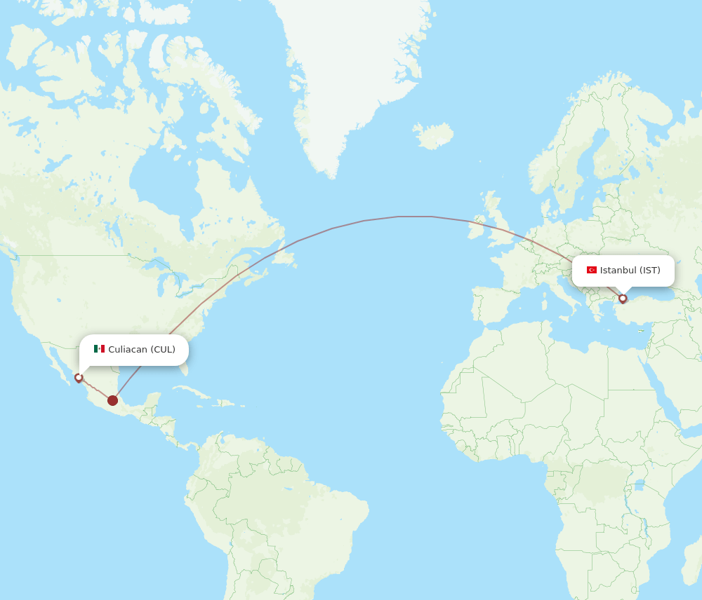 Culiacan - Istanbul route map and flight paths