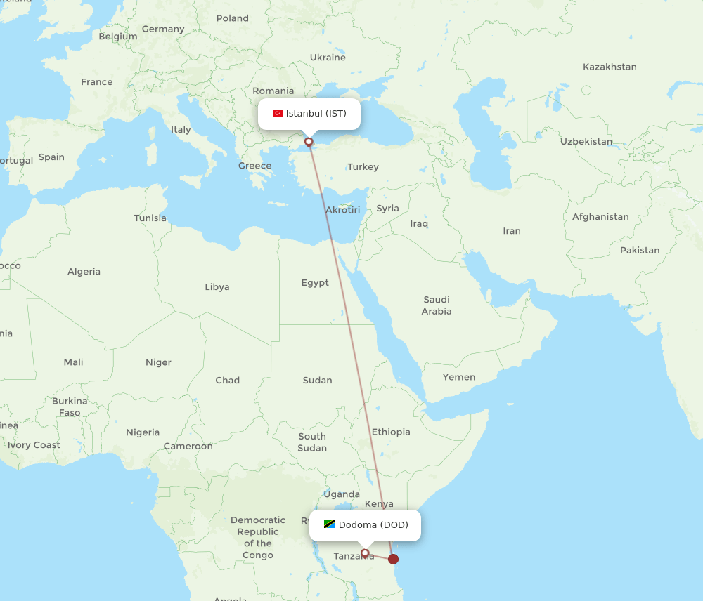 Dodoma - Istanbul route map and flight paths