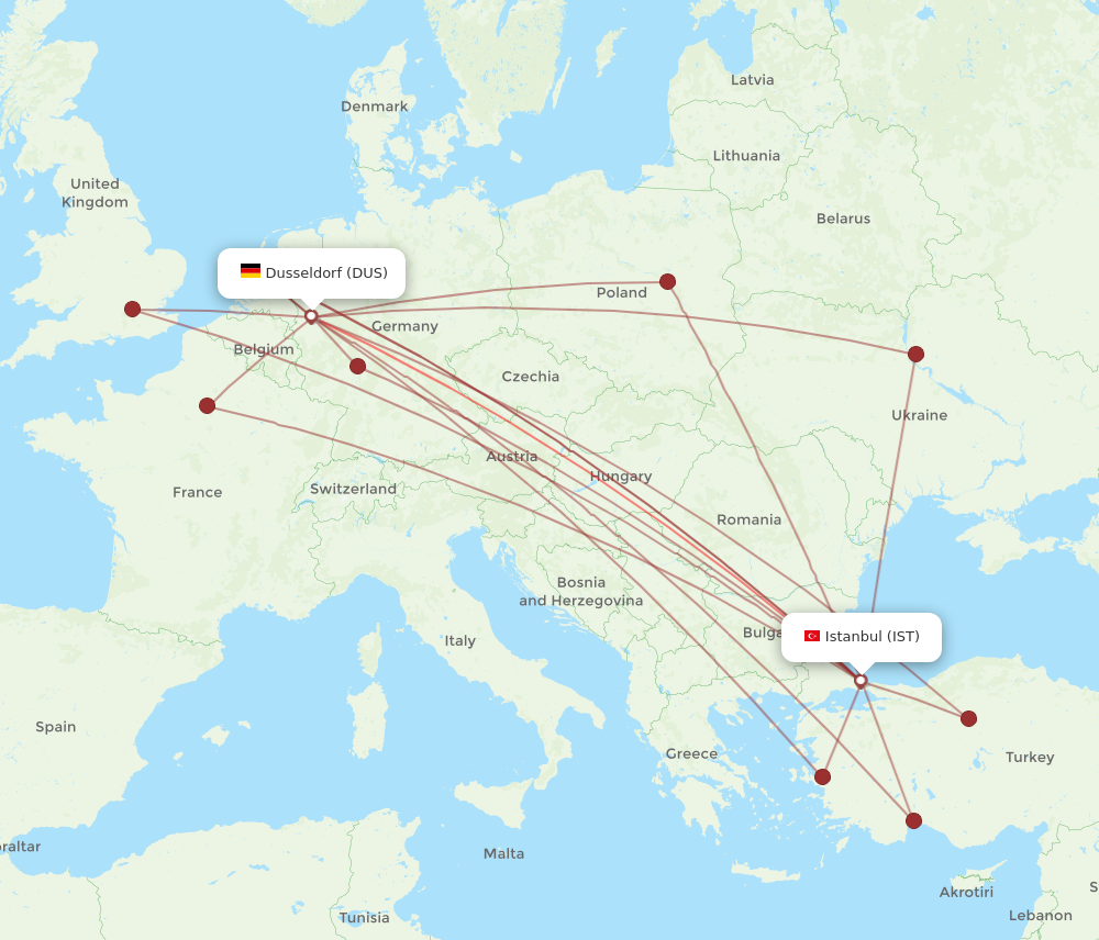 IST to DUS flights and routes map