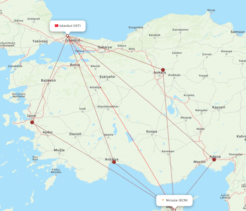 IST to ECN flights and routes map
