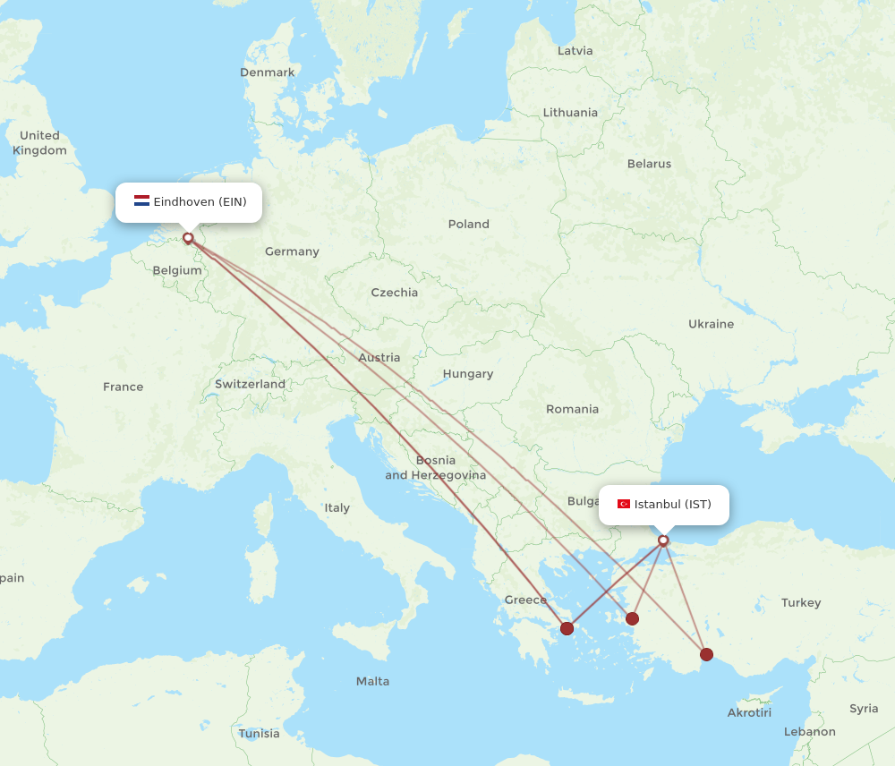 IST to EIN flights and routes map