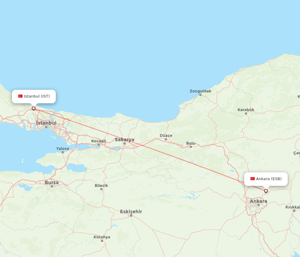 Istanbul - Ankara route map and flight paths