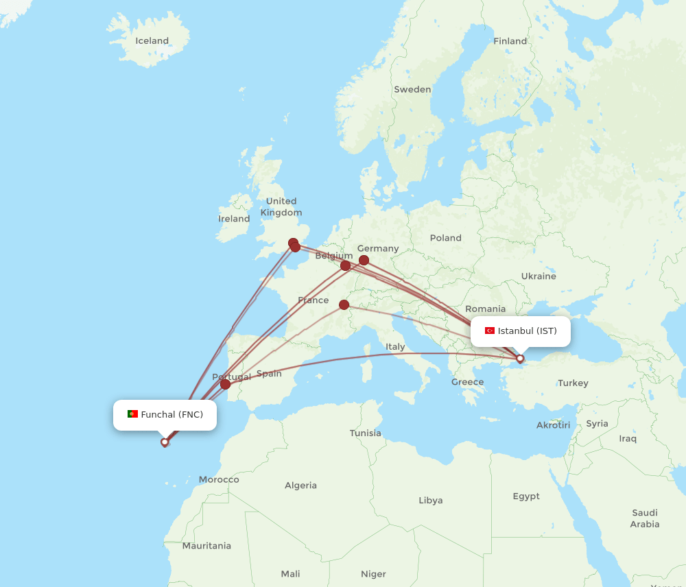 IST to FNC flights and routes map