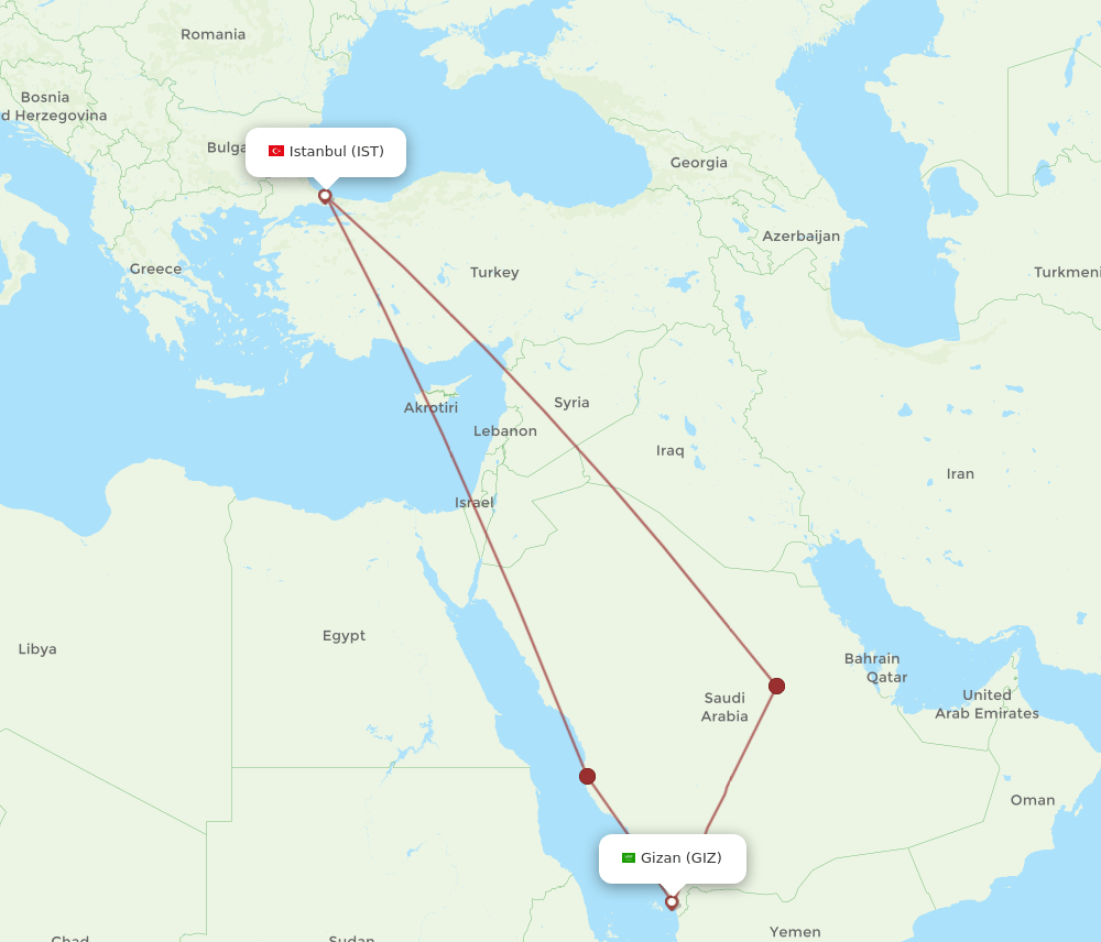 IST to GIZ flights and routes map