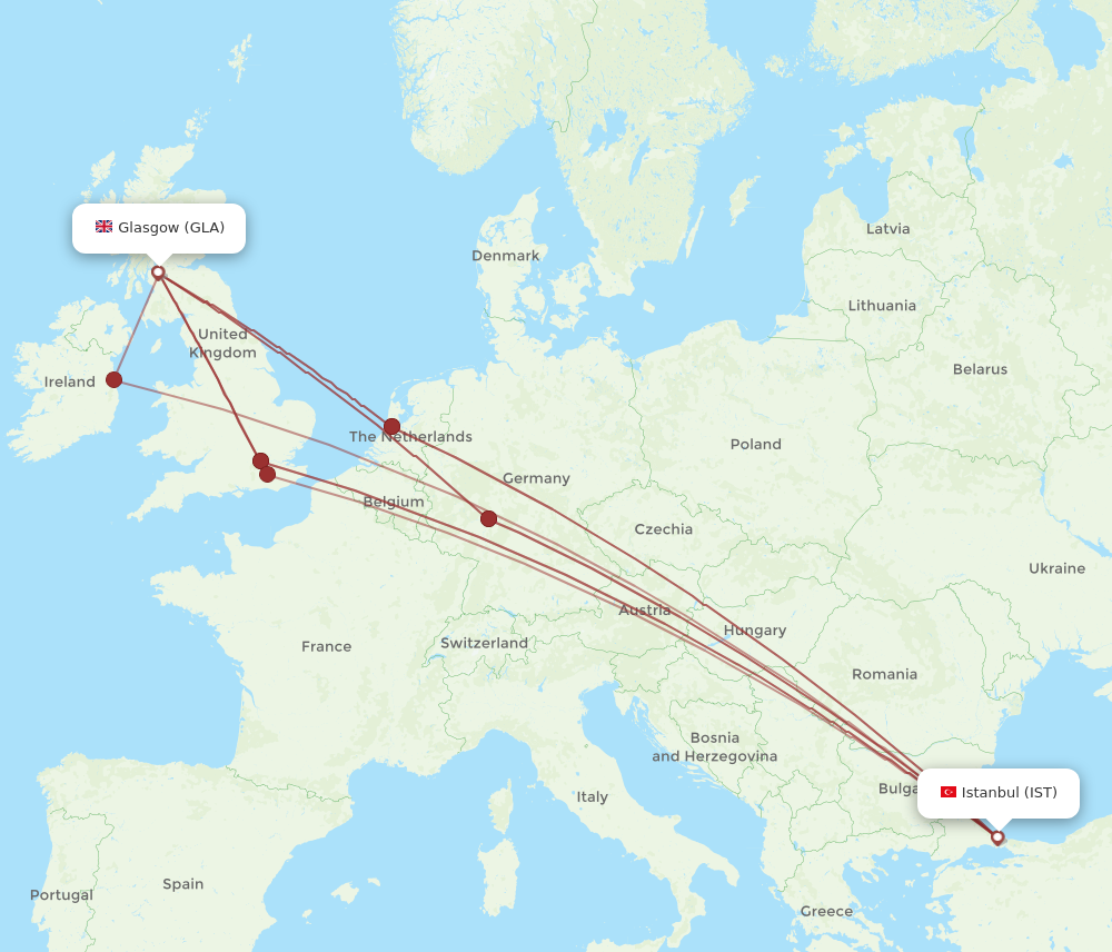 IST to GLA flights and routes map