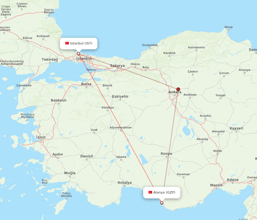 IST to GZP flights and routes map