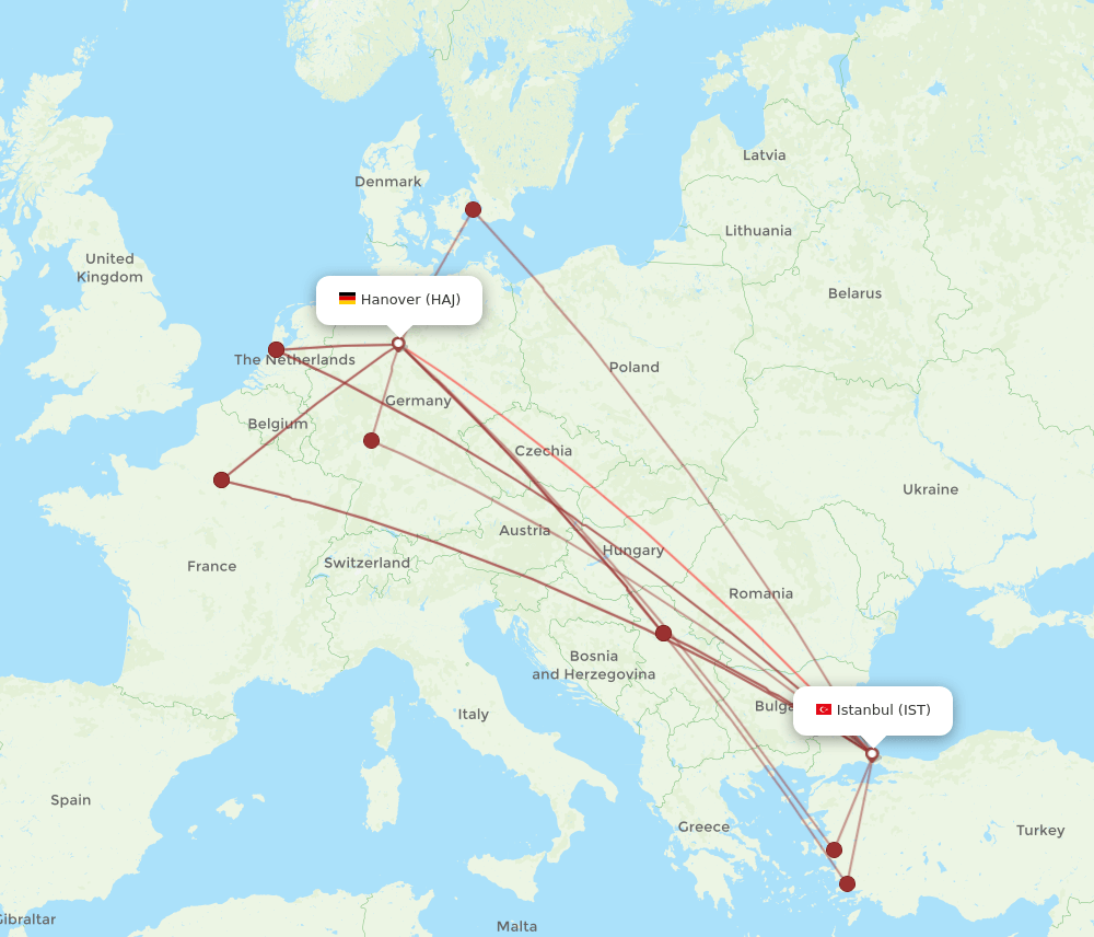 IST to HAJ flights and routes map