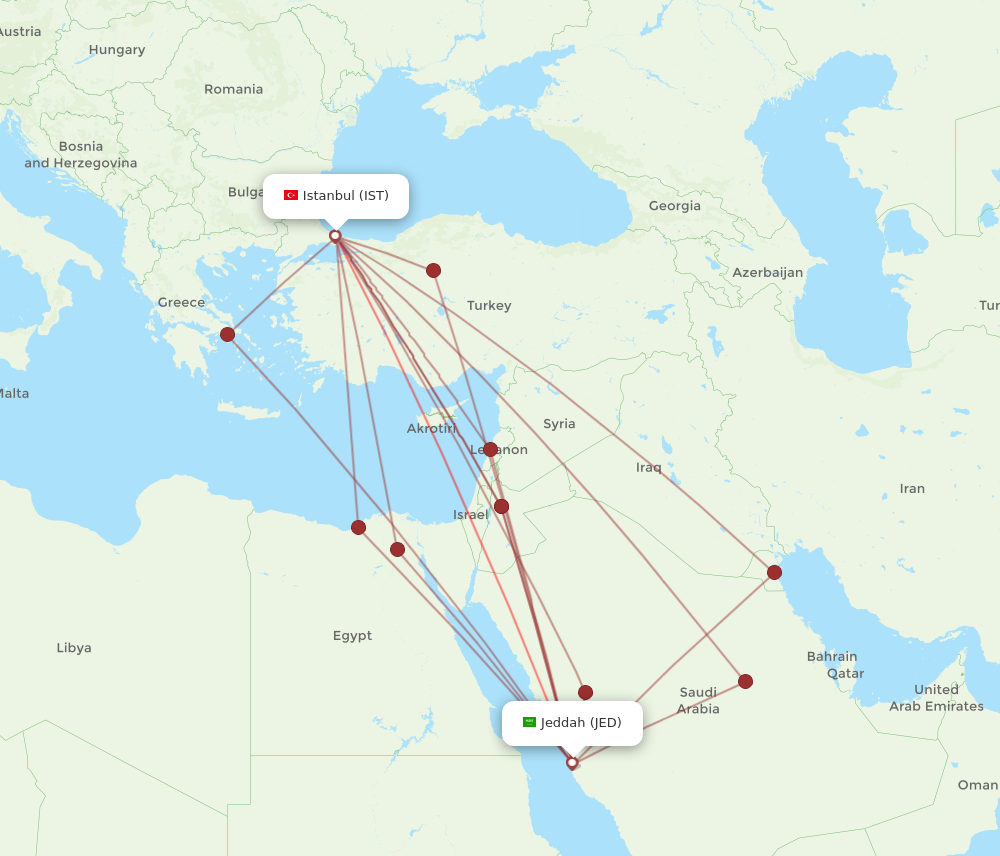 IST to JED flights and routes map