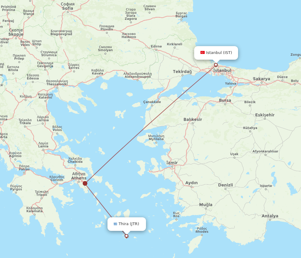 IST to JTR flights and routes map