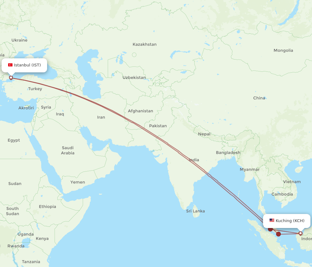 IST to KCH flights and routes map