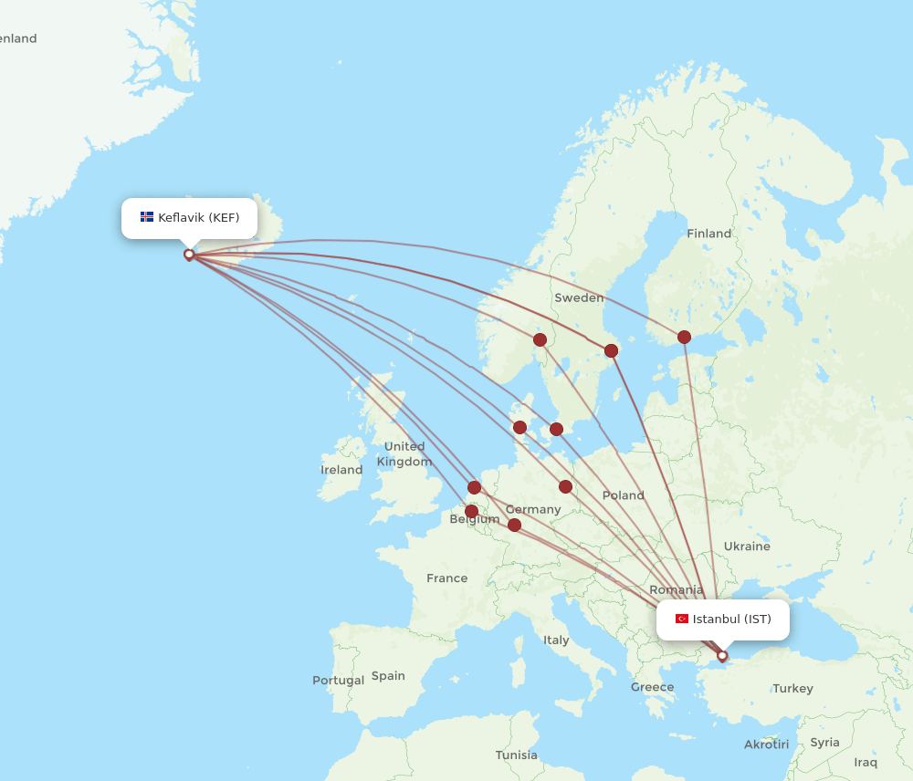 IST to KEF flights and routes map