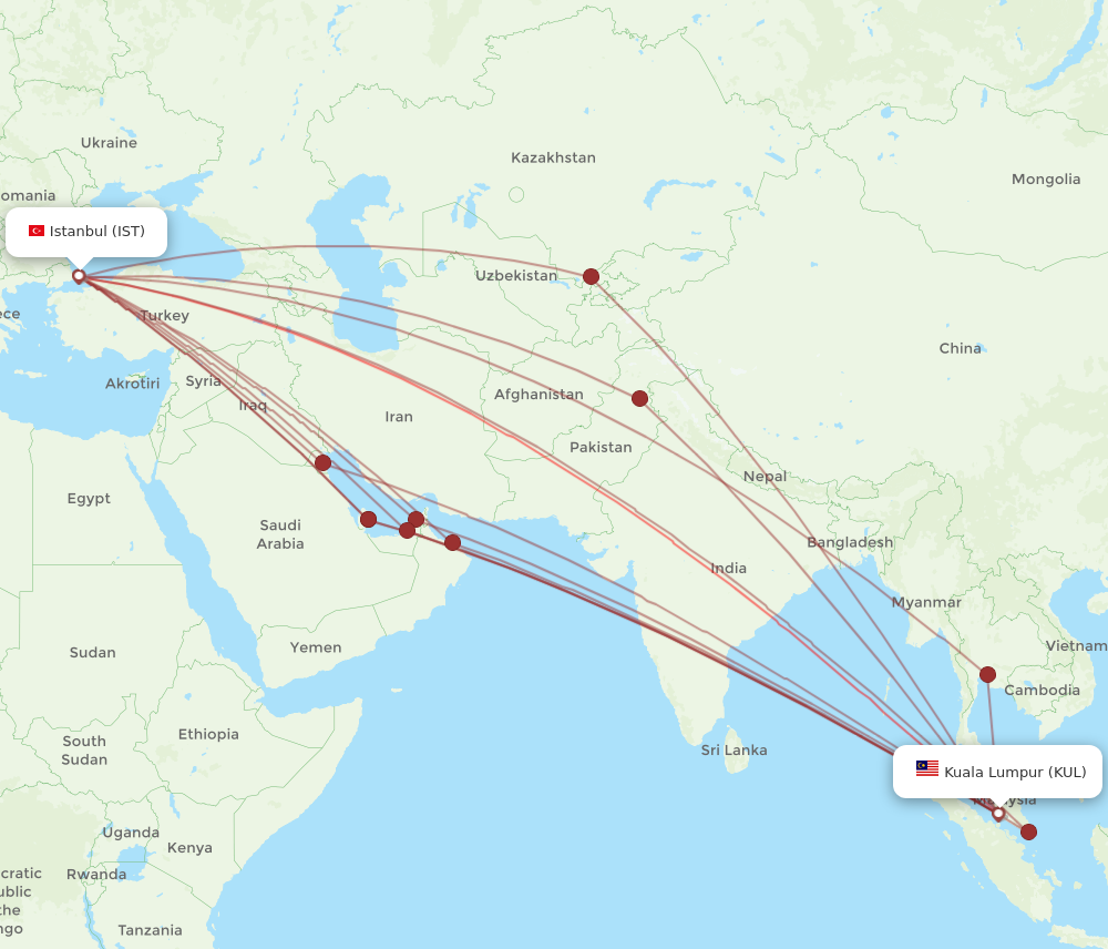 IST to KUL flights and routes map