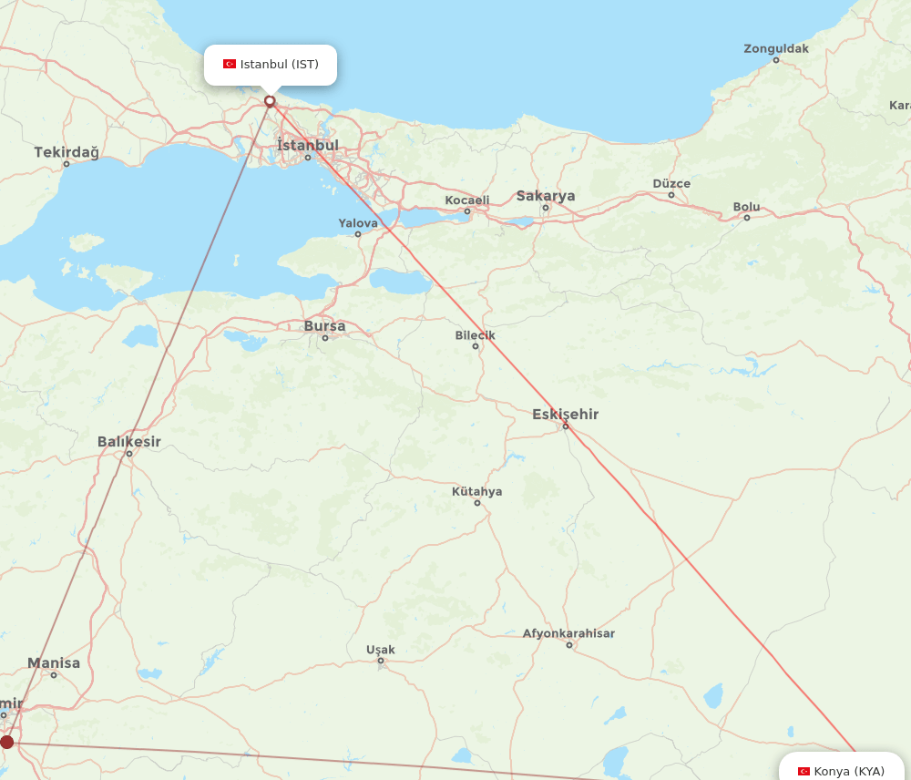 IST to KYA flights and routes map