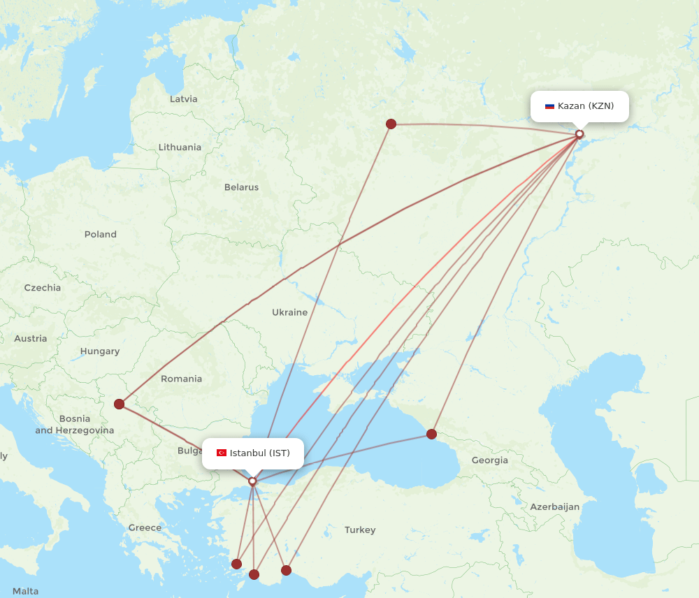 IST to KZN flights and routes map