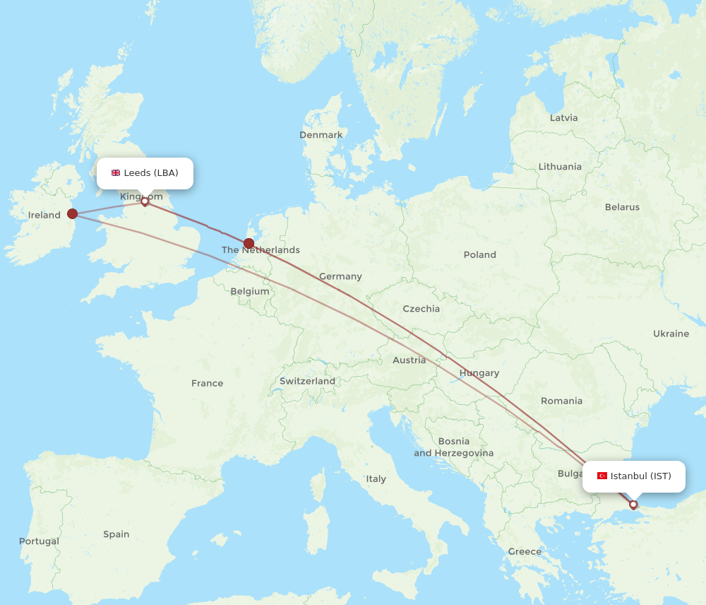 IST to LBA flights and routes map