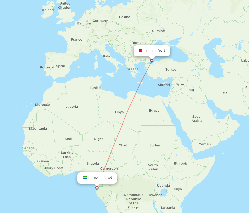 Istanbul - Libreville route map and flight paths