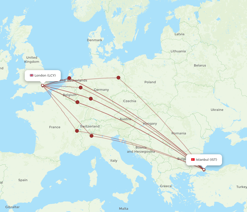 IST to LCY flights and routes map