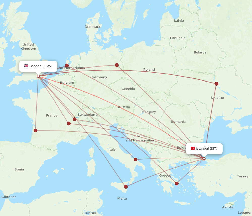 IST to LGW flights and routes map