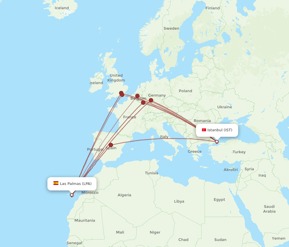 IST to LPA flights and routes map