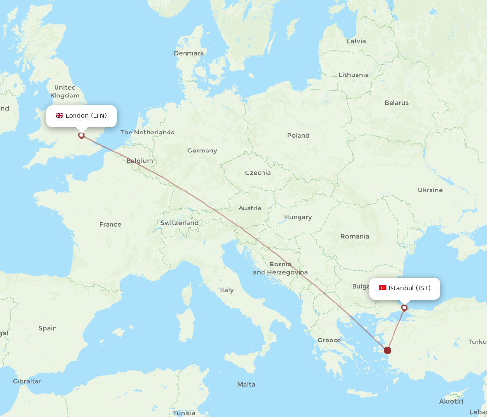 IST to LTN flights and routes map
