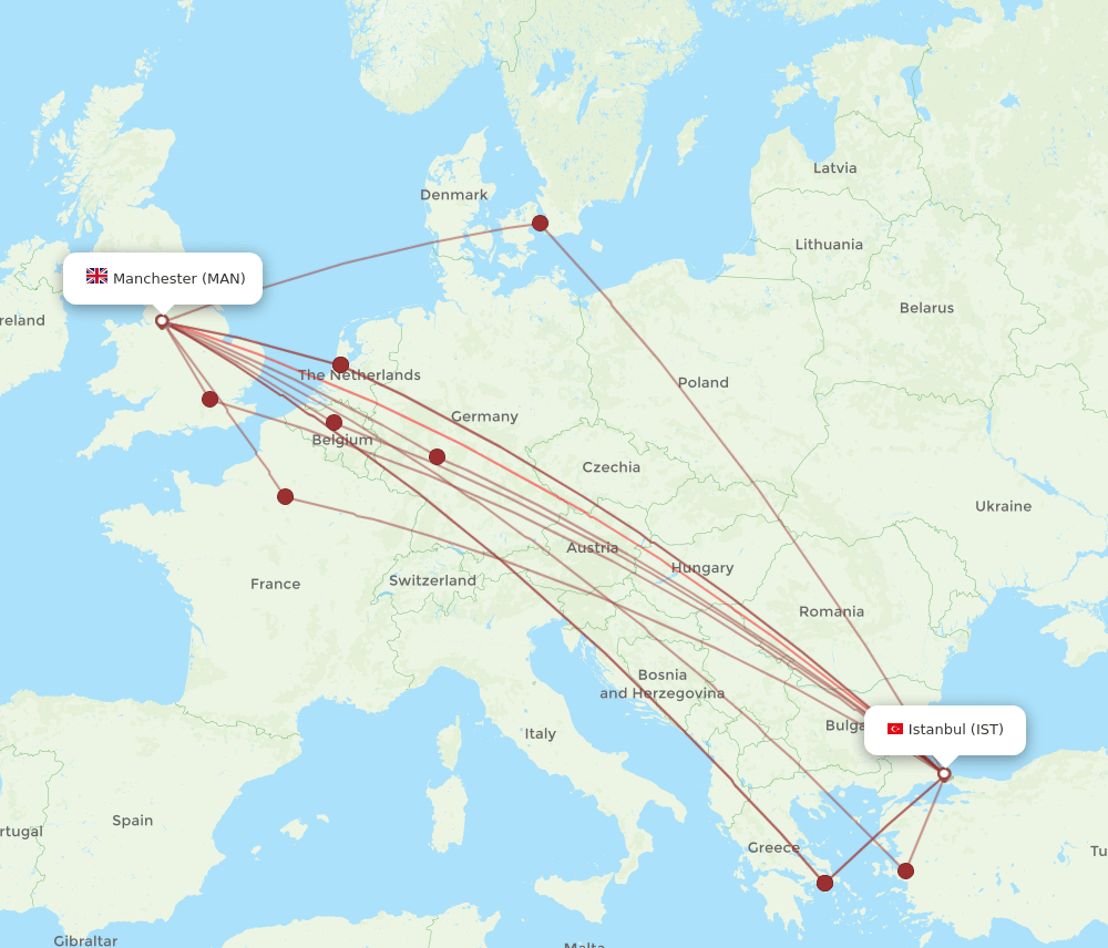 IST to MAN flights and routes map