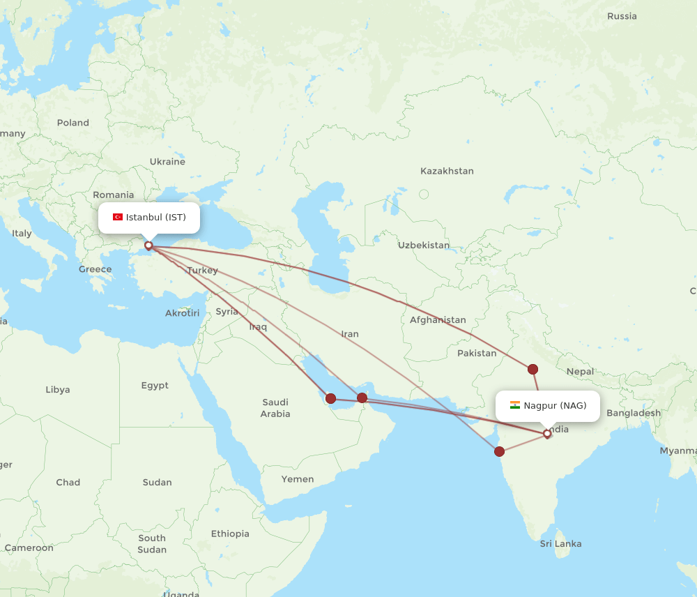 IST to NAG flights and routes map