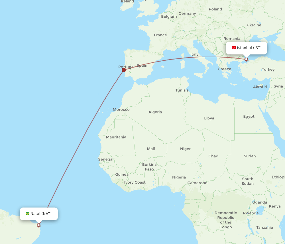 IST to NAT flights and routes map