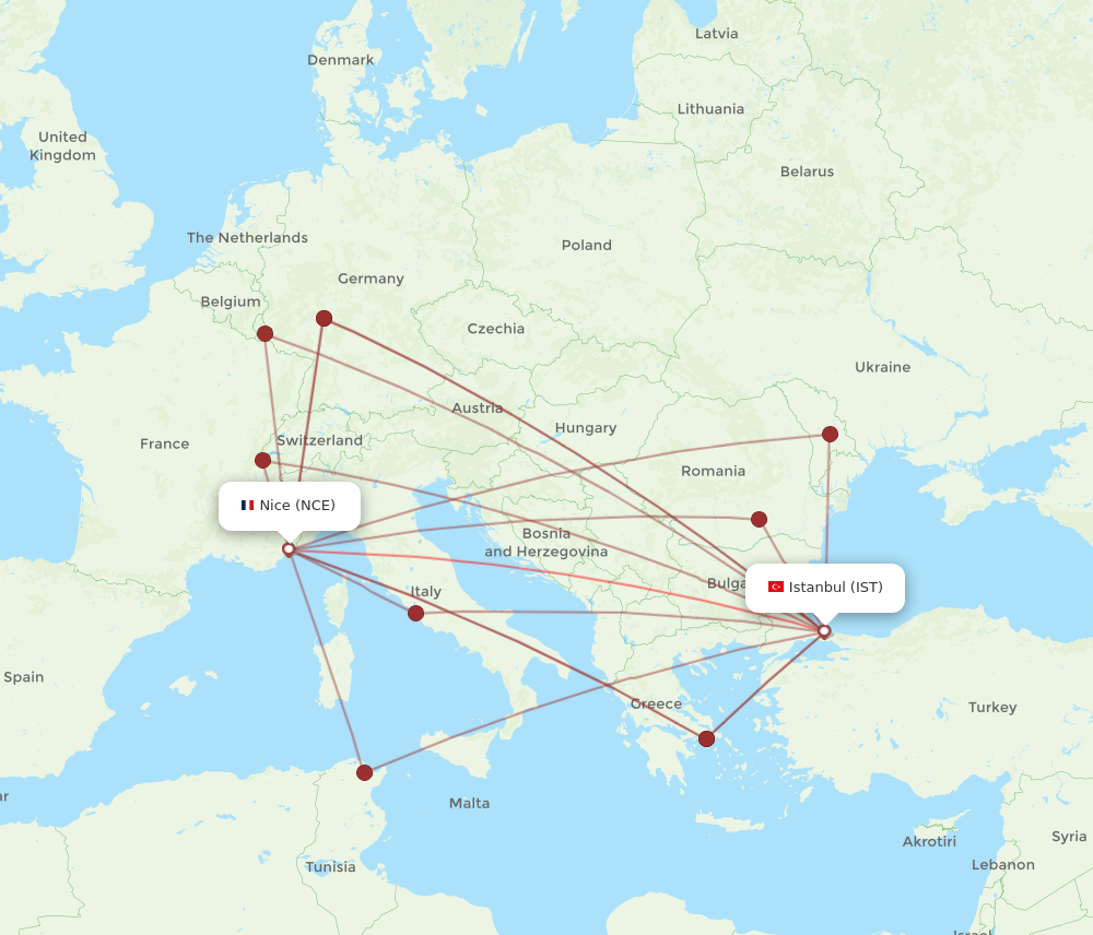 IST to NCE flights and routes map