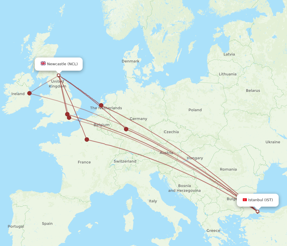 IST to NCL flights and routes map
